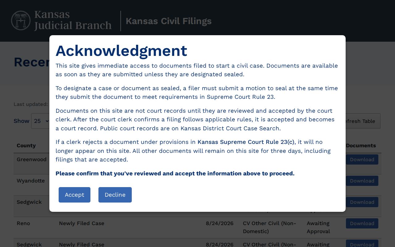 Kansas new civil filings resource relevant to Greeley County civil dockets