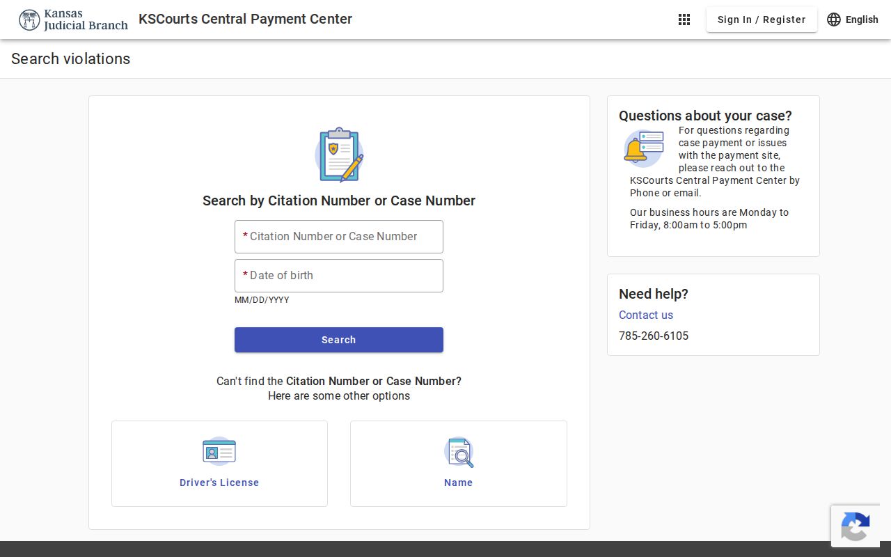 Kansas Central Payment Center citation and case search form